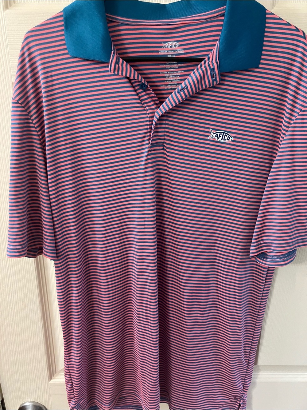 AFTCO Pink and Teal Striped Men's Polo